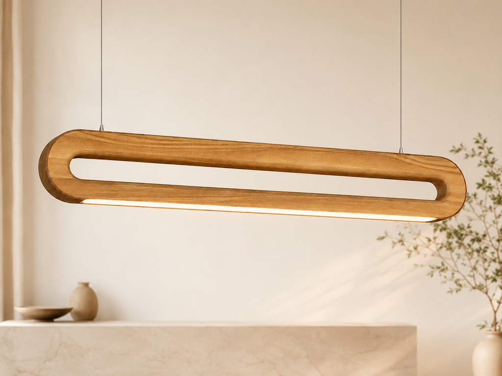 UNIKAA Modern Linear Wooden Pendant Light for Sloped Ceiling with minimalist wooden design and integrated LED lighting