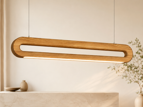 UNIKAA Modern Linear Wooden Pendant Light for Sloped Ceiling with minimalist wooden design and integrated LED lighting
