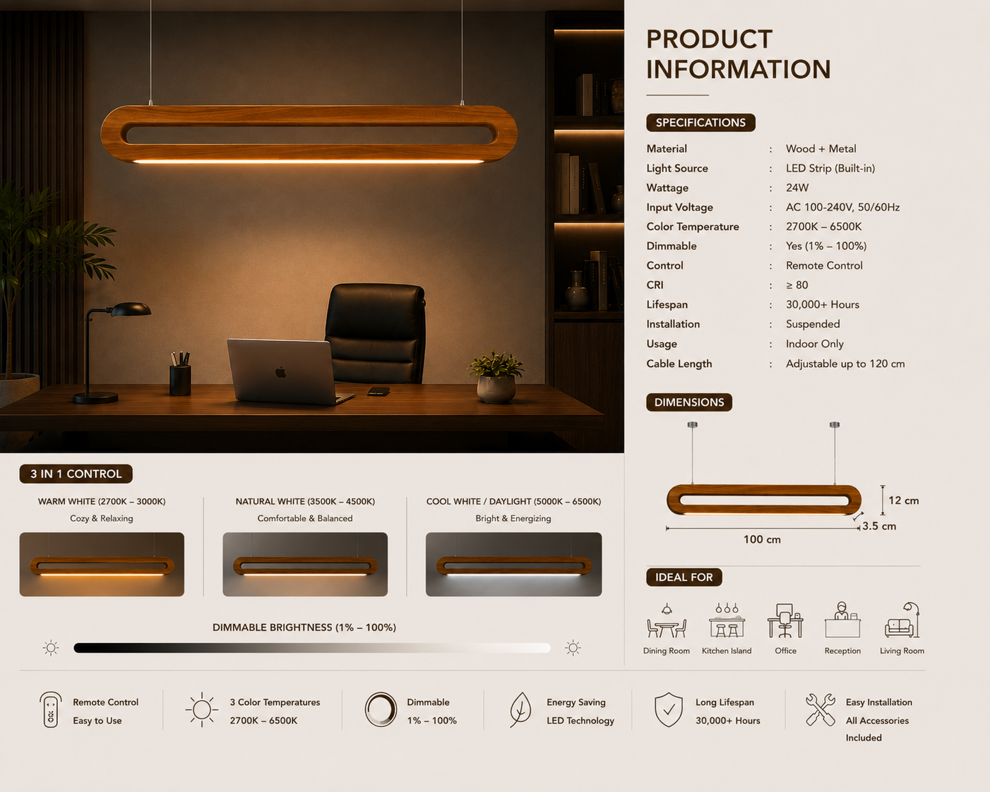 Product specifications and lighting modes of UNIKAA Modern Linear Wooden Pendant Light for Sloped Ceiling