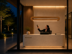 UNIKAA Modern Linear Wooden Pendant Light for Sloped Ceiling installed above a luxury reception desk with warm ambient LED lighting
