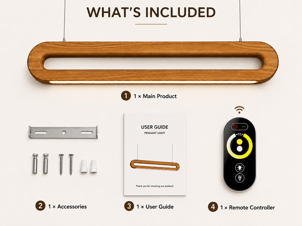 Package contents of UNIKAA Modern Linear Wooden Pendant Light for Sloped Ceiling including remote accessories and installation kit