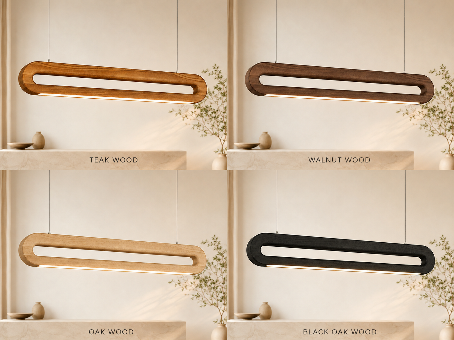 UNIKAA Modern Linear Wooden Pendant Light for Sloped Ceiling shown in teak wood walnut wood oak wood and black oak wood finishes