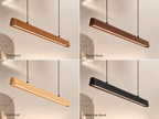 UNIKAA modern linear wooden pendant light shown in four premium finishes: teak wood, walnut wood, oak wood, and black oak wood for dining and modern interiors