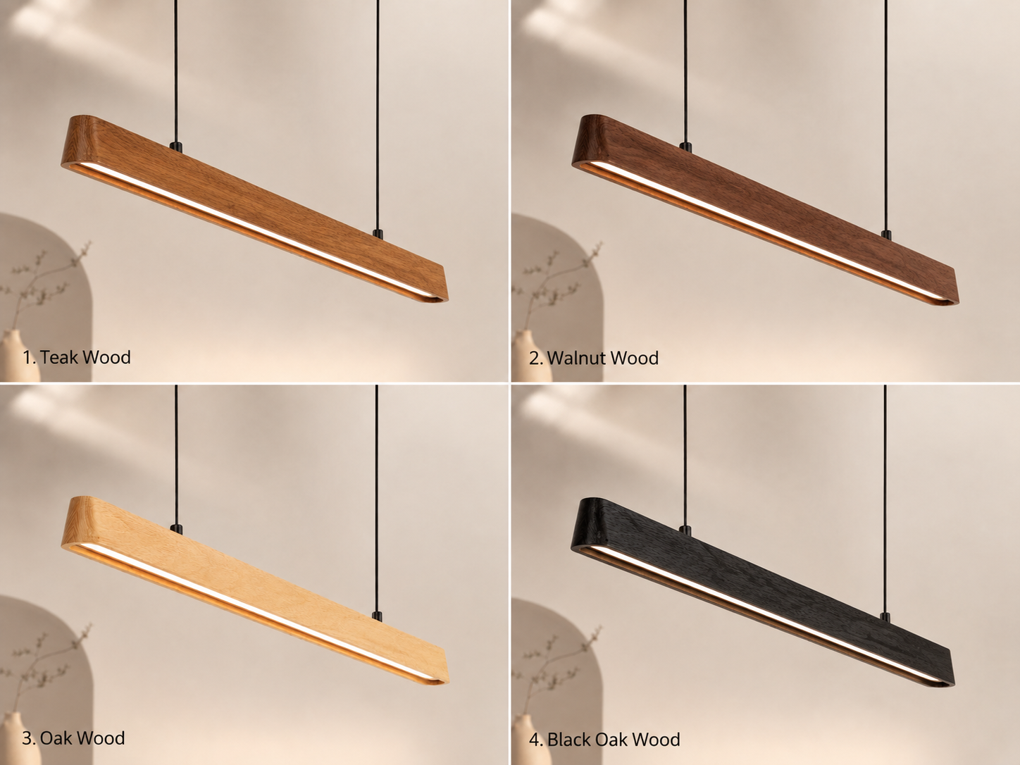 UNIKAA modern linear wooden pendant light shown in four premium finishes: teak wood, walnut wood, oak wood, and black oak wood for dining and modern interiors