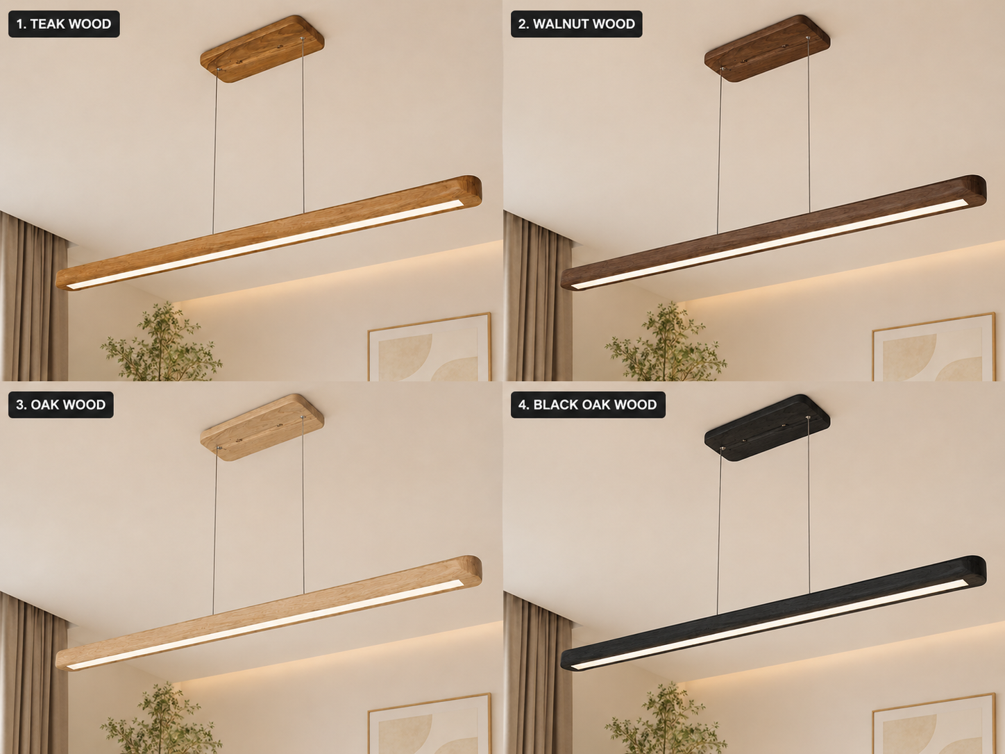 UNIKAA modern linear wooden pendant light available in Teak Wood, Walnut Wood, Oak Wood and Black Oak wood finish options for modern dining and living interiors