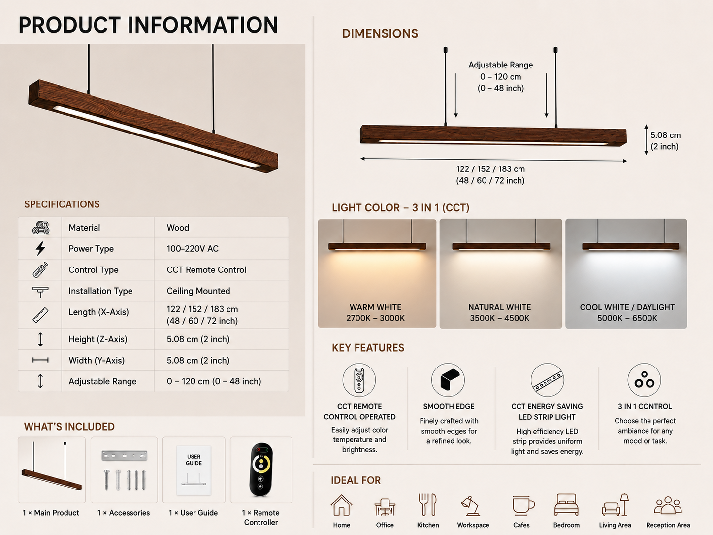 UNIKAA modern linear wooden pendant light for office space with complete product information, dimensions, specifications, lighting modes, and included accessories.
