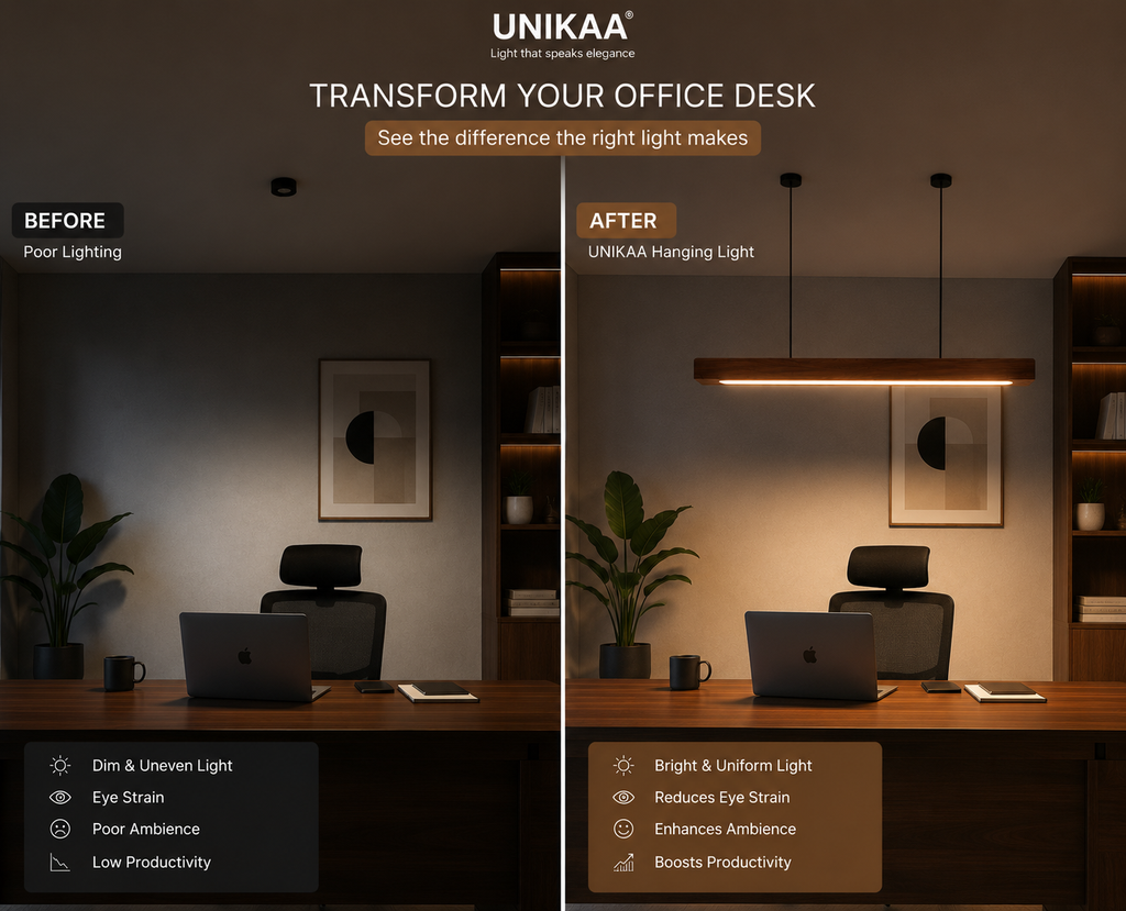 UNIKAA modern linear wooden pendant light for office space showing before and after office desk lighting transformation comparison.