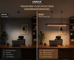 UNIKAA modern linear wooden pendant light for office space showing before and after office desk lighting transformation comparison.