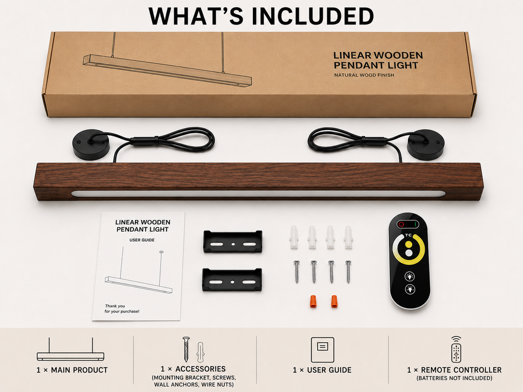 UNIKAA modern linear wooden pendant light for office space with box contents including main light, accessories, remote controller, and user guide.