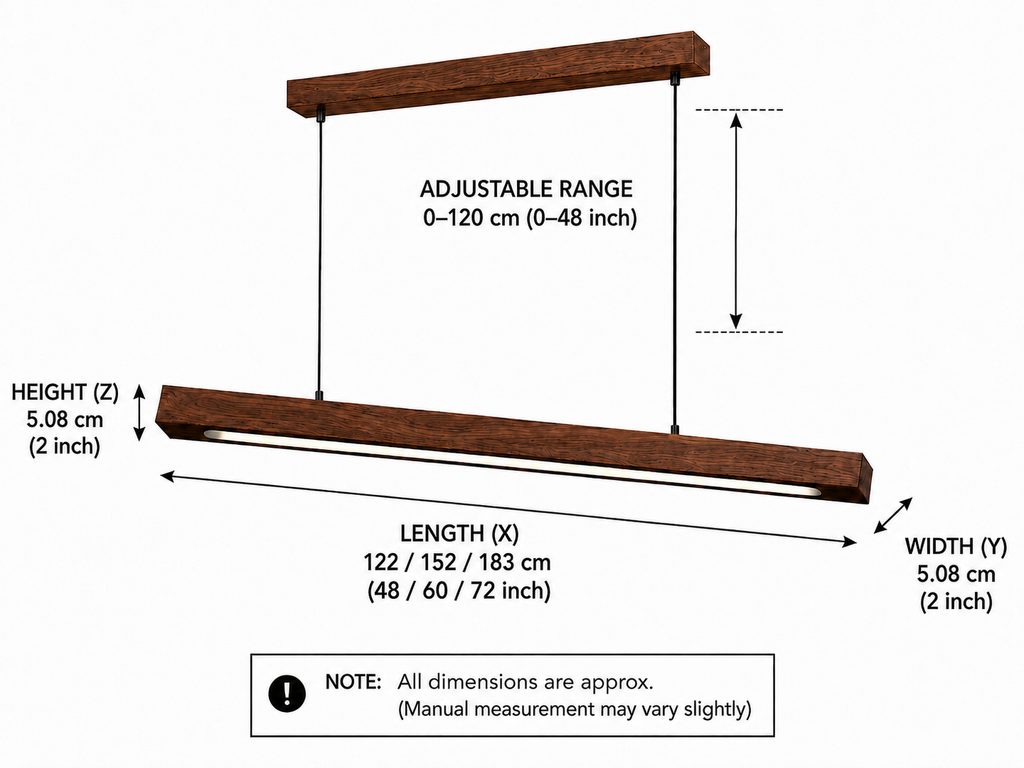 UNIKAA modern linear wooden pendant light for office space with detailed dimension guide showing length, width, height, and adjustable hanging range.