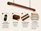 UNIKAA modern linear wooden pendant light for office space featuring remote control operation, smooth wood finish, LED strip lighting, and 3-in-1 color modes.