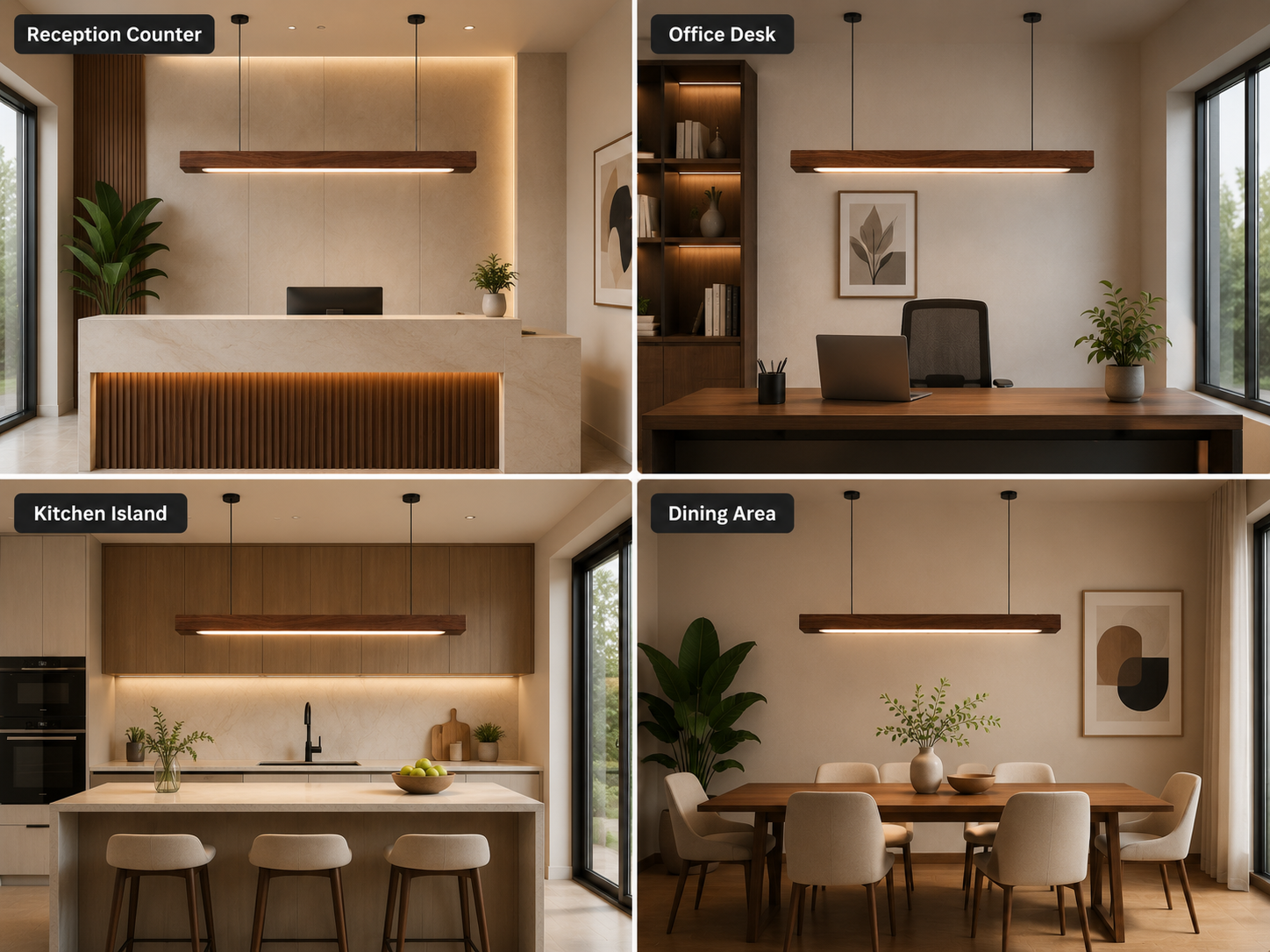 UNIKAA modern linear wooden pendant light for office space showcased in reception counter, office desk, kitchen island, and dining area interiors.