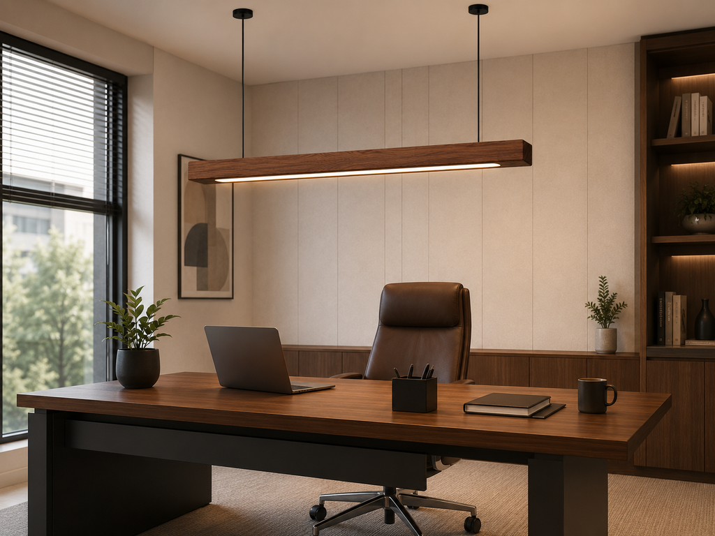 UNIKAA modern linear wooden pendant light for office space installed above an elegant office desk workspace with warm ambient lighting.