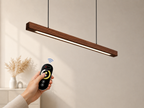 Hand holding a remote control next to a modern pendant light fixture.