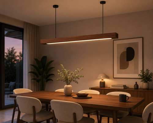 UNIKAA modern linear wooden pendant light for office space styled in a modern living and dining area with warm ambient evening lighting.