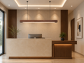 UNIKAA modern linear wooden pendant light for office space installed above a professional office desk showing realistic hanging size and proportions.