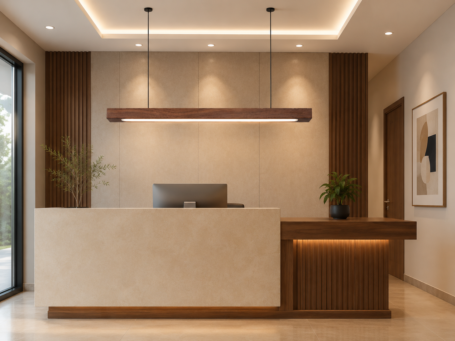 UNIKAA modern linear wooden pendant light for office space installed above a professional office desk showing realistic hanging size and proportions.