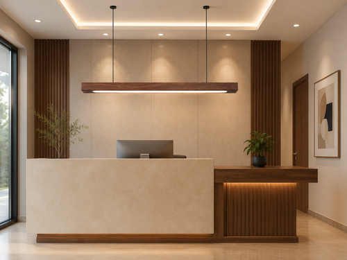 UNIKAA modern linear wooden pendant light for office space installed above a professional office desk showing realistic hanging size and proportions.