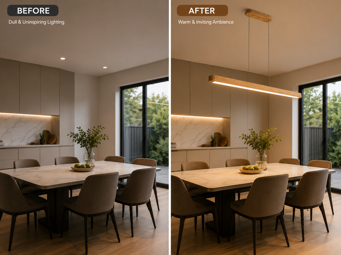Before and after dining area comparison with wooden pendant light for kitchen island creating warm modern ambiance