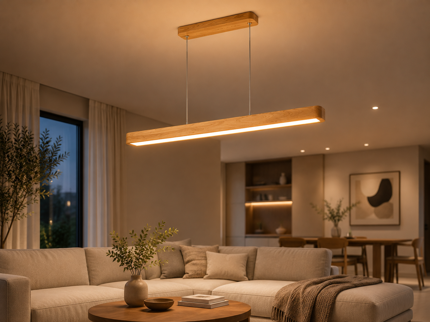 Wooden pendant light for kitchen island hanging in a modern living room with warm ambient ceiling lighting design