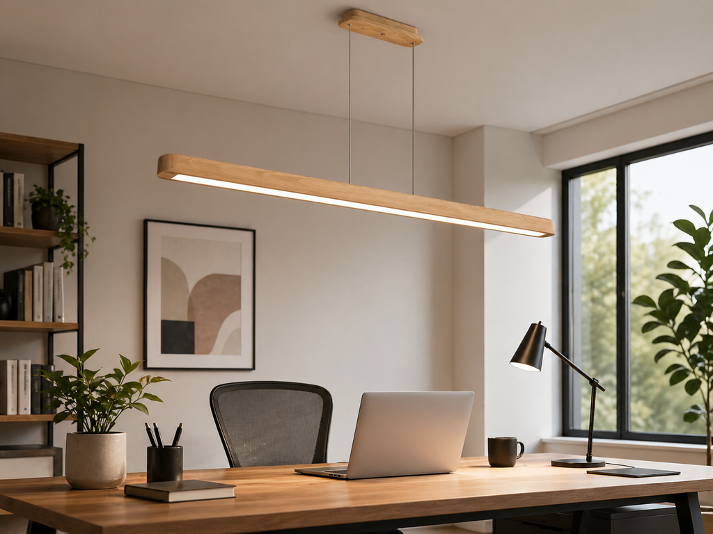 Modern wooden pendant light for kitchen island installed above a luxury kitchen countertop with warm ambient lighting
