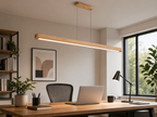 Modern wooden pendant light for kitchen island installed above a luxury kitchen countertop with warm ambient lighting