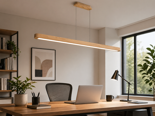 Modern wooden pendant light for kitchen island installed above a luxury kitchen countertop with warm ambient lighting
