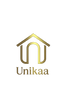 Unikaa premium home decor logo with gold minimalist house icon and elegant serif typography on transparent background