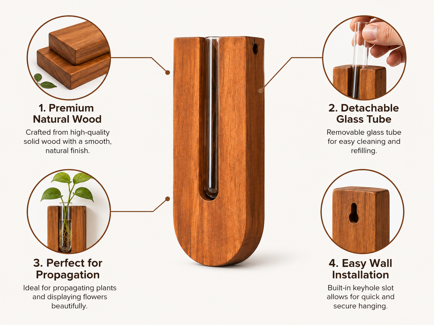 Unikaa premium wooden wall vase featuring natural wood, detachable glass tube, propagation design, and easy wall installation
