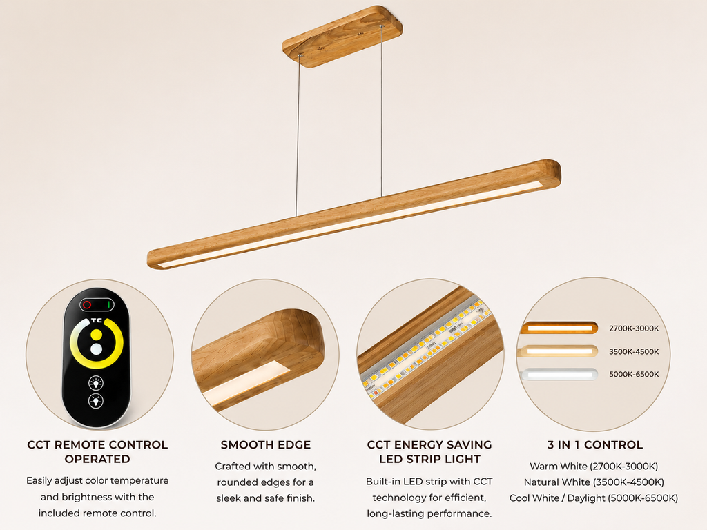 Modern linear wood pendant light for office desk showing remote control, smooth edge finish, energy saving LED strip, and 3 color temperature modes.