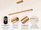 Modern linear wood pendant light for office desk showing remote control, smooth edge finish, energy saving LED strip, and 3 color temperature modes.