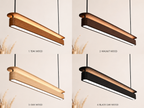 UNIKAA wooden linear pendant light shown in four finish options: teak wood, walnut wood, oak wood, and black oak wood modern hanging light design