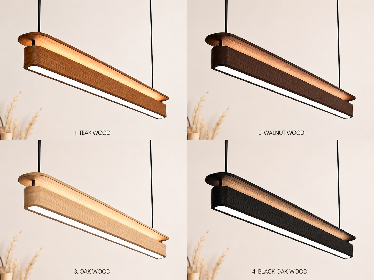 UNIKAA wooden linear pendant light shown in four finish options: teak wood, walnut wood, oak wood, and black oak wood modern hanging light design