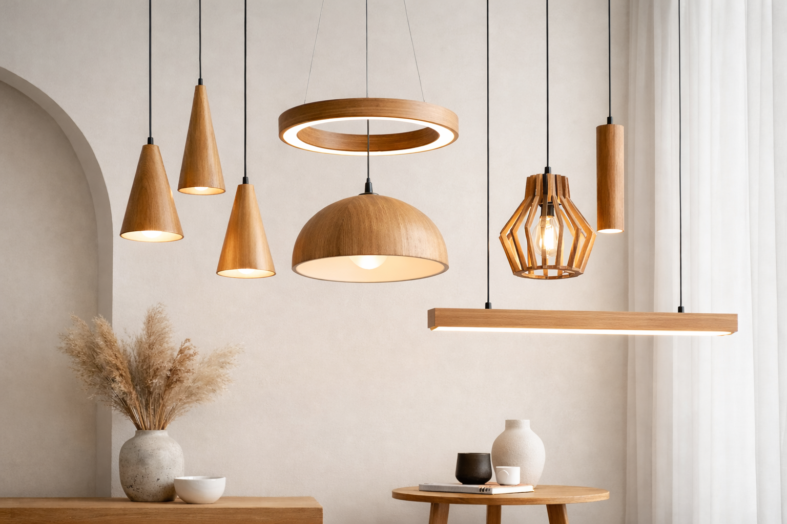 Unikaa luxury wooden pendant lights installed in modern interior space