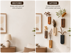 Before and after transformation using Unikaa wooden wall vase to decorate empty walls with elegant floral home decor.