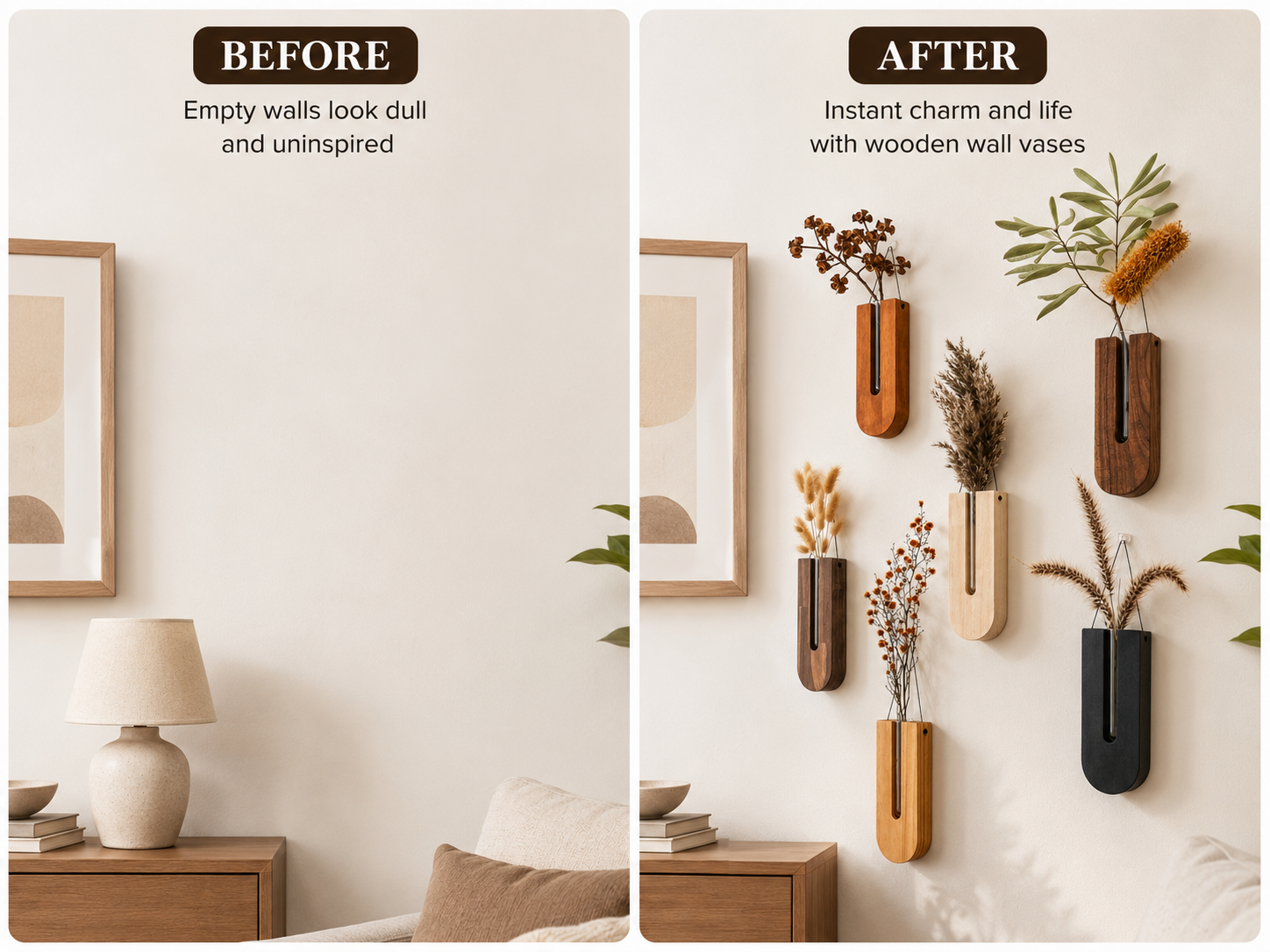Before and after transformation using Unikaa wooden wall vase to decorate empty walls with elegant floral home decor.