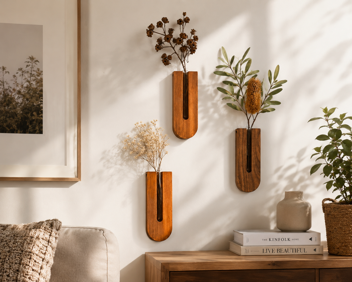 Unikaa wooden wall vases with dried flowers creating a warm modern living room wall decor aesthetic.