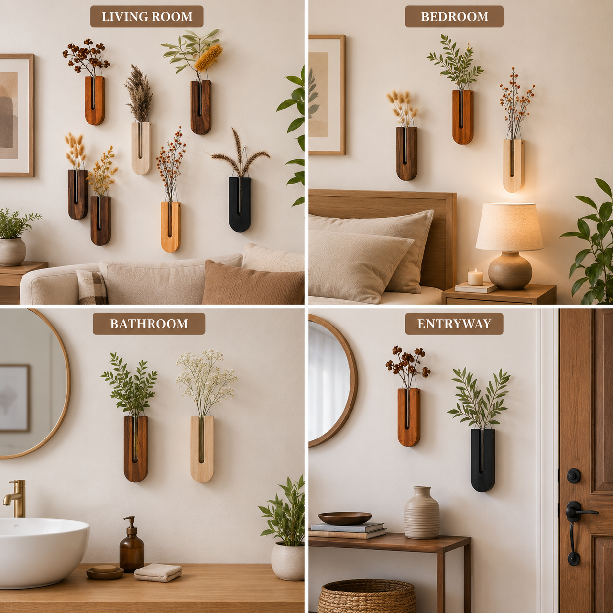 Unikaa wooden wall vase displayed in living room, bedroom, bathroom, and entryway for modern home wall decor with dried flowers.