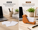 UNIKAA wooden bird business card holder showing before and after desk organization, keeps business cards neat and organized on office desk