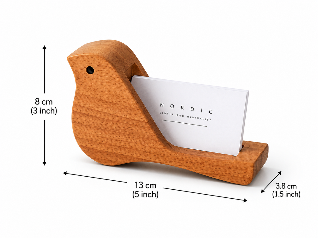 UNIKAA wooden bird business card holder dimensions, compact solid wood visiting card stand measuring 13 x 8 x 3.8 cm